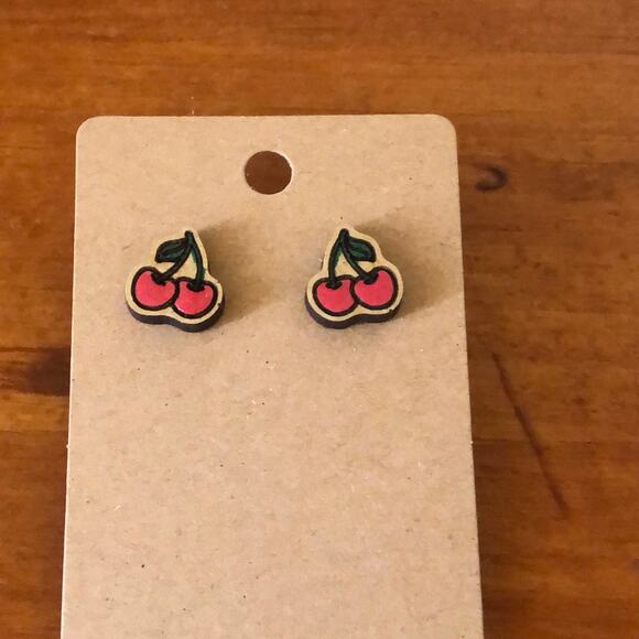 Hand Painted Red Cherry’s Stud Earrings Hypoallergenic Lightweight Posts - Picture 1 of 6